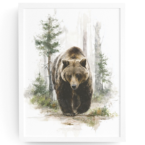Creative Path Studios Other - Watercolor Brown Bear Forest Wall Art Print, Unframed Misty Grizzly Illustration